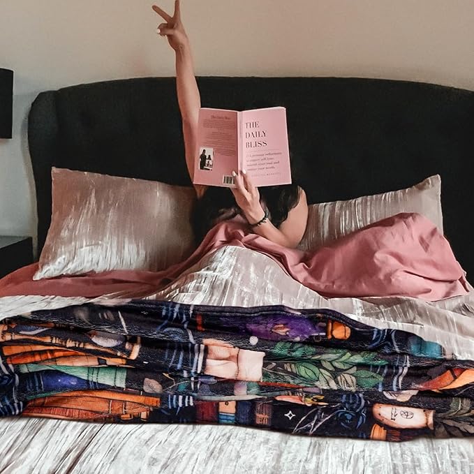 Book Lovers Gifts Witches Bookshelf Blanket,Halloween Skulls Black Cat Potions Cute Magic Goth Fleece Throw for Women Men,Flannel Blanket for Home Living Room Couch Bed Chair Dorm Decor 60"x50"