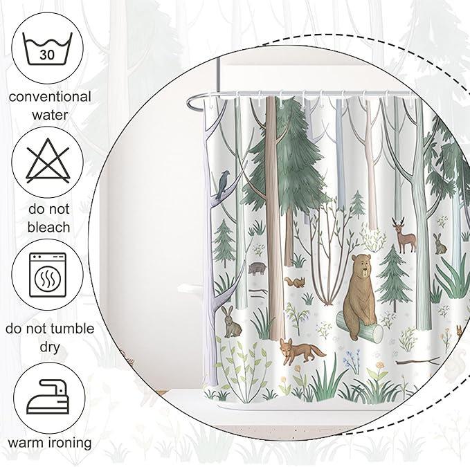 AWERT Cute Shower Curtain with Hooks Green Forest Shower Curtain with Wild Animals Bear Moose Deer Fox Deor Bathroom 72x84 inch