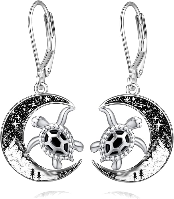 Black Cat/Bat/Spider/Pumpkin/Wolf/Bunny/Sun and Moon/Turtle/Raven 925 Sterling Silver Leverback Dangle Earrings Moon Gothic Christmas Earrings Jewelry Gift for Women