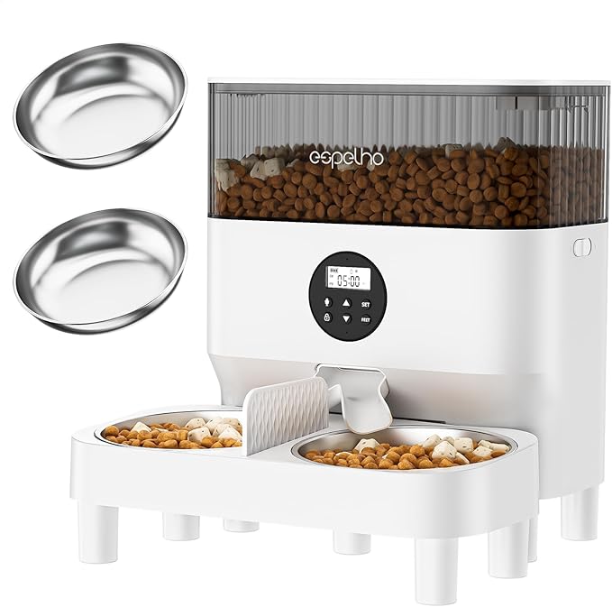 Elevated Automatic Cat Feeders for 2 Cats - 5L Timed Cat Food Dispenser with Raiser Kit & 2 Stainless Steel Bowls, 10s Meal Call Programmable Portion Control Pet Feeder for Cats & Dogs