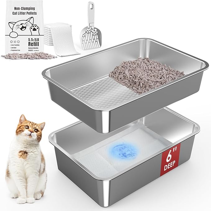 19.6''x13.7''x6'' Stainless Steel Sifting Litter Box for Pine Pellets, Stainless Steel Litter Box for Sifter Litter Pan System, Metal Litter Box with Footboard and Scoop, Odor Control, Easy Cleaning