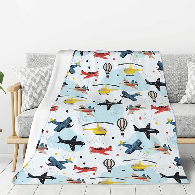 Kids Airplane Blanket Throw 50"x40", Plush Flannel Aircraft Blankets, Soft Warm Decorative for Kids Women