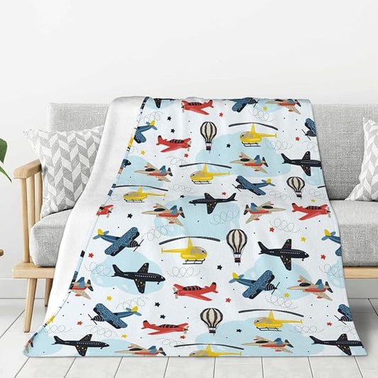 Kids Airplane Blanket Throw 50"x40", Plush Flannel Aircraft Blankets, Soft Warm Decorative for Kids Women