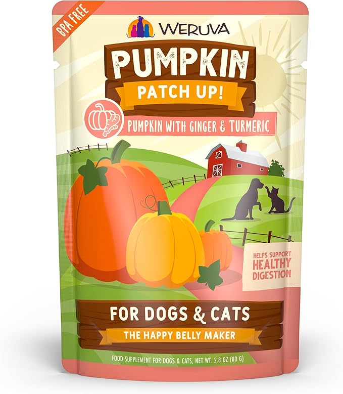 Weruva Pumpkin Patch Up!, Pumpkin with Ginger & Turmeric for Dogs & Cats, 2.8oz Pouch (Pack of 12)