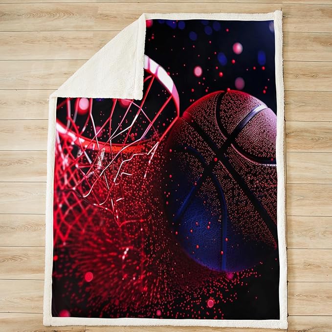 Basketball Court Sherpa Blanket 3D Basketball Fleece Throw Blanket for Sofa Couch Bed Decor Sports Theme Plush Blanket Colorful Glitter Fuzzy Blanket Twin 60x80 Inch