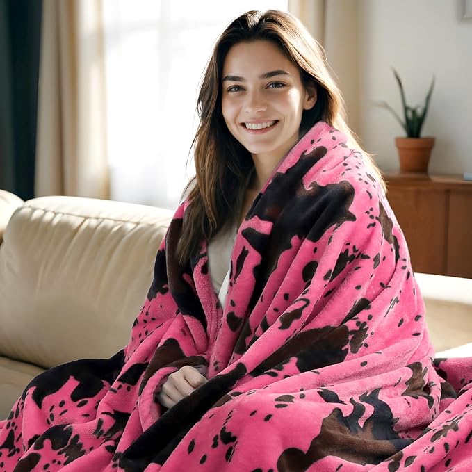 Hot Pink Cow Blanket Flannel Fleece Throw Blanket Soft Cozy Black Cow Print Blankets for Bed Couch Sofa 60 x 80 inch