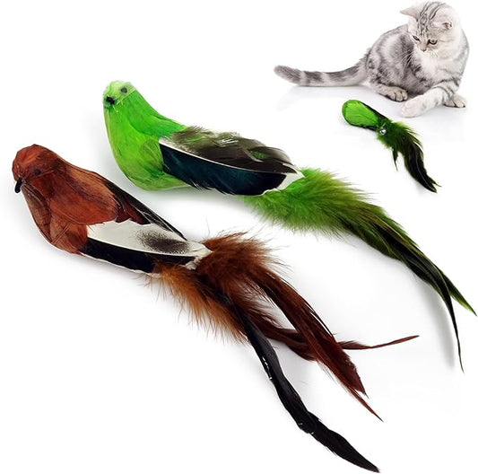 2 Pcs Real Feather Cat Birds Toys Realistic Simulation Birds Toys with Bells for Indoor Cats Kittens.
