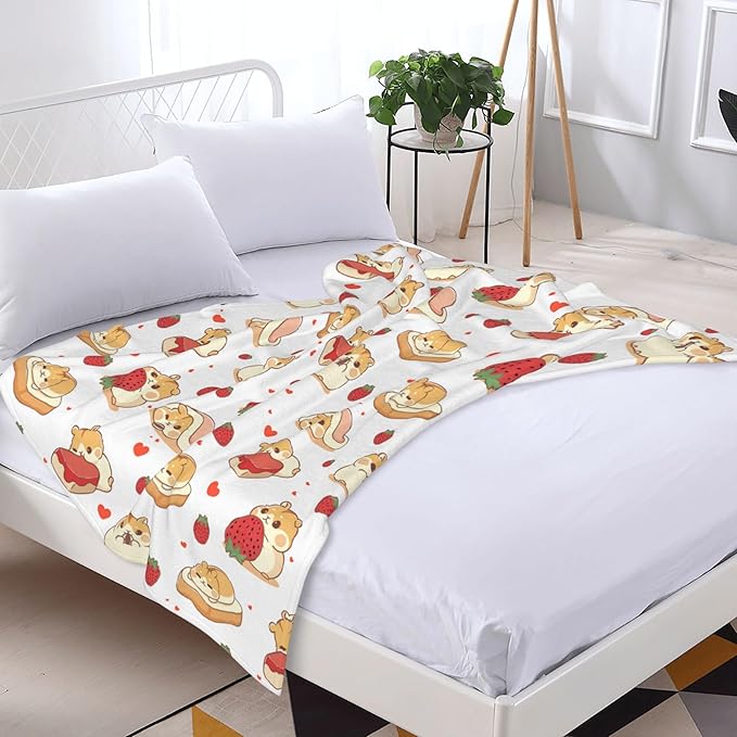 Hamster Strawberry Soft Throw Blanket Flannel Fleece Blankets Warm Cozy Lightweight Fuzzy Blanket for Bed Sofa Couch Home Decor 60"X50"