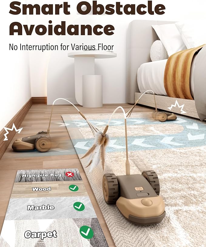 CYROS 3-in-1 Interactive Cat Toy - 2-Speed Automatic Moving Mouse Cat Toys Self Play with 2pcs Hanging Feather String Ribbon and Wiggly Silicone Mice Tail for Bored Indoor Adult Cats Kittens