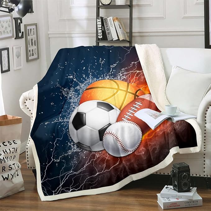 Erosebridal Sports Fleece Blanket, Queen Size, Baseball Soccer Sherpa, Kids Teens Basketball Football Plush, Soft Luxury Trippy Lightening Decor