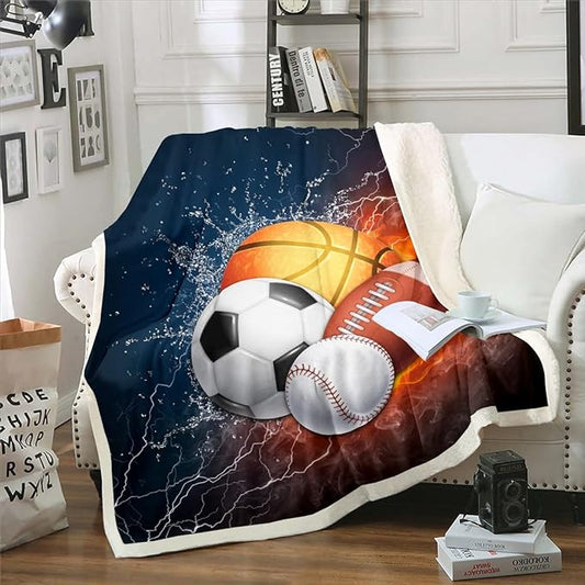 Erosebridal Sports Fleece Blanket for Boys & Baby - Baseball, Soccer, Basketball & Football Plush Blanket with Trippy Lightning Decor