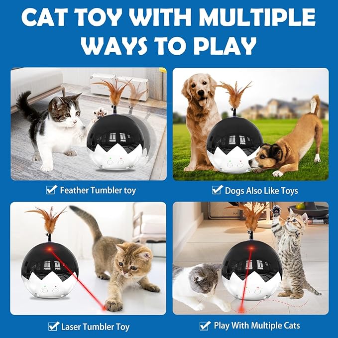 Cat Laser Toy Automatic, 3 in 1 Interactive Cat Feather Toy, Tumbler Ball Toy for Indoor Kitten, 3 Modes Laser with 360 Irregular Rotation, USB Rechargeable, Laser Safe