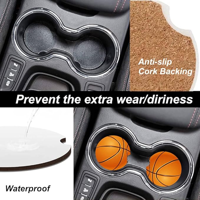 Basketball Absorbent Car Coasters,Cool Ceramic Cup Holders Coasters with a Finger Notch for Women Men 2.56"(2 Pieces)