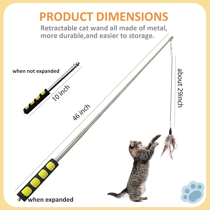 Cat Fishing Pole for Indoor Cats,Interactive cat Toys with Colorful Feather and Bell. (Yellow)