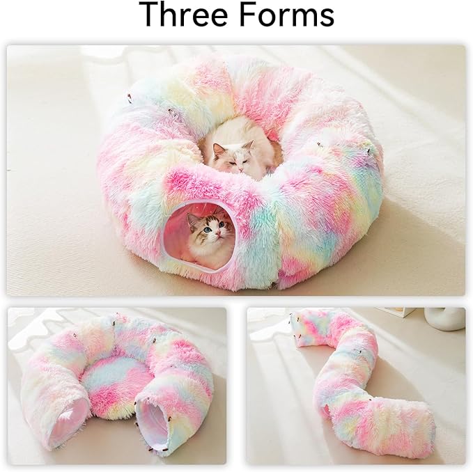 HIPIPET Winter Plush Cat Tunnel with Cat Bed for Indoor Cats,Multifunctional Cat Toys for Small Medium Large Cat. (Rainbow)