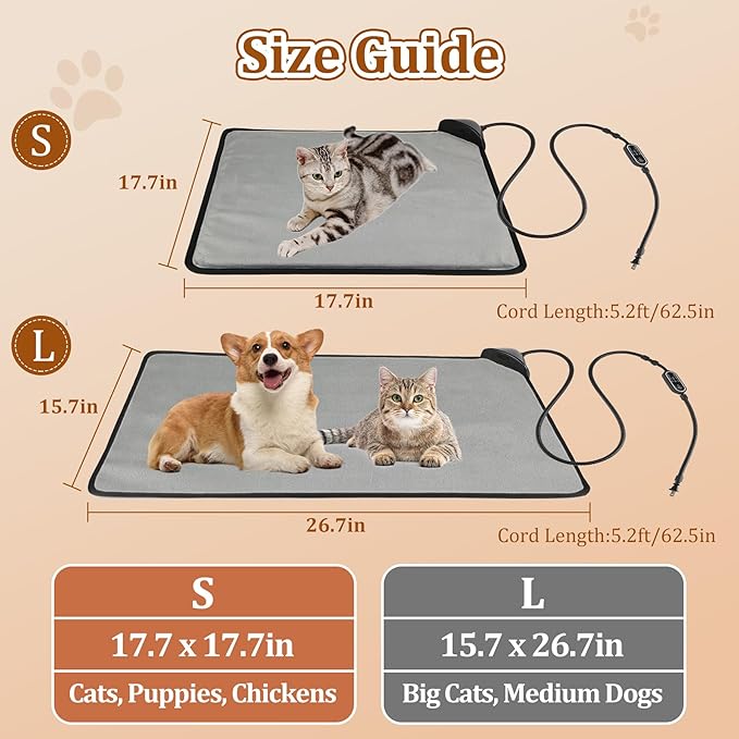 Cat Heating Pad & Dog Heating Pad, 3 Timer and 3 Level Temperature Smart Sensor Electric Pet Heating Pad with Chew Resistant Cord, Indoor Outdoor Warm Heated Bed for Dogs Cats -17.7x17.7