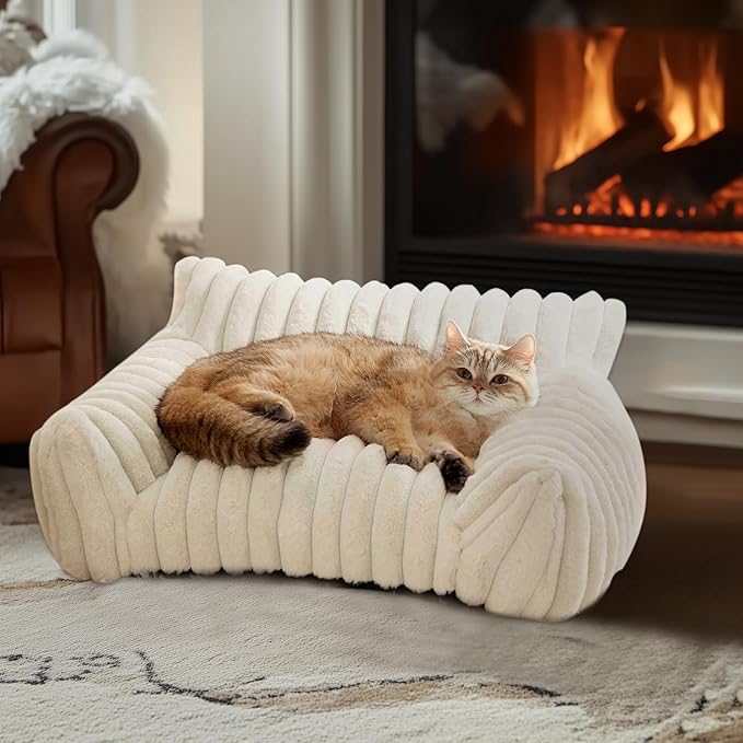 Cat Couch Bed for Pets, 24IN Cat Beds with Premium Soft Corduroy Fleece, Cute Waterproof Cat Sofa with Cotton for Small Medium Dogs & Kittens with Removable Washable Cover (Cream White)