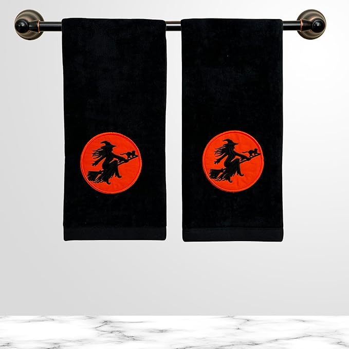 Serafina Home Halloween Bath Hand Towels, Embroidered Witch Flying by Full Moon, 2 pcs, Black 16" x 25" for Kids and Guest bathrooms