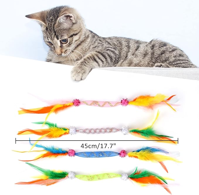 TUSATIY Cat Feather Toys with Bell 4Pack, Colorful Cat Teaser Cat Springs Ribbon Toys,Interactive Cat Toys for Indoor Cats Kitten, Suitable for Cats Bite & Hunt