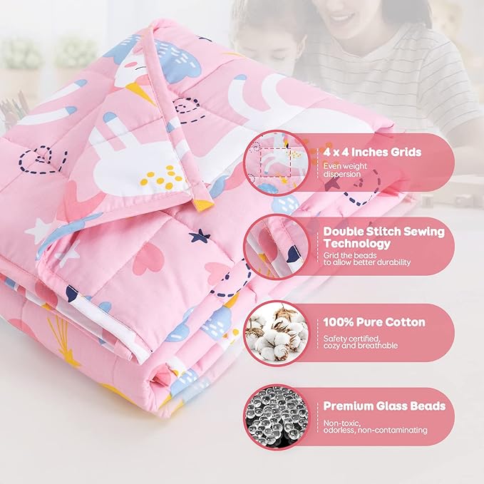 Sivio Weighted Lap Pad 2lbs 100% Cotton Heavy Lap Pad Sensory Throw Pad with Glass Beads Portable Lap Blanket Great for Home Classroom Travel, 19” x 21”, Pink Unicorn