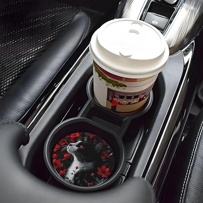 Absorbent Ceramic Car Coasters for Cup Holders, Black Cat Red Flower Design 2.56" Anti Slip Universal Drink Cup Coasters for Women Men (2 Pack)