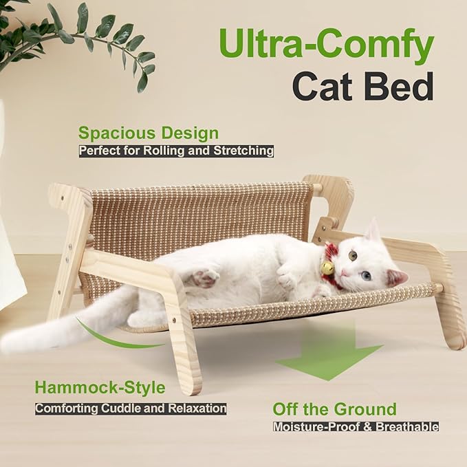 Sisal Cat Bed, Large Cat Beds for Indoor Cats, Easy Clean Sisal Scratcher and Sturdy Natural Wood Cat Couch&hammock Comfy Rustic Cat Furniture for Living Room Bedroom, All Age Up to 50Lbs（21" x 18"）