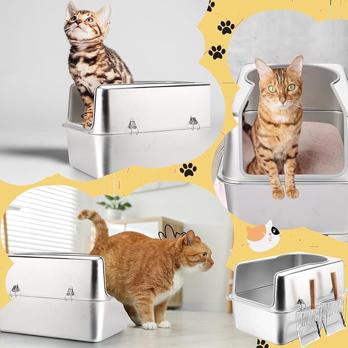 2 Set Stainless Steel Cat Litter Box with Metal Lid and Scoop Enclosed Metal Litter Box for Large Cats Extra Large Stainless Steel Litter Box for All Cats Odor Control, Easy to Clean