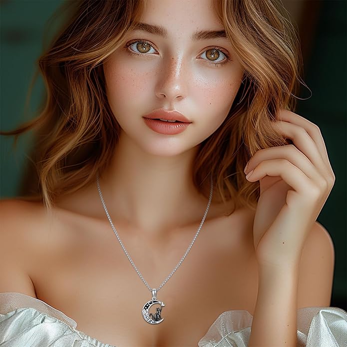 AUDINCCED Black Cat Necklace Turtle Necklace Gothic Jewelry Butterfly Necklace Cat Necklace 925 Sterling Silver Crescent Moon Necklace for Women Cat Gifts for Cat Lovers