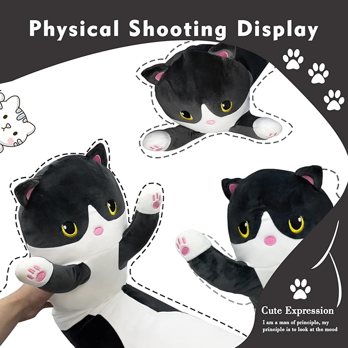 Long Cat Plush Pillow, 43.3in Cute Black Cat Plushie Stuffed Animals Body Pillow, Kawaii Kitten Soft Plushie Doll Toy Birthday Gift for Kids Girlfriend