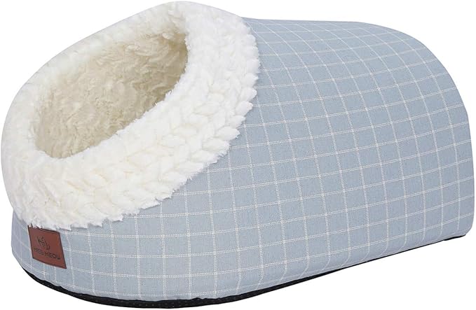 Cat Bed for Indoor Cats,Medium Large Cats Cave Bed,Machine Washable Slip Resistant Bottom,Ultra Soft Plush Cushion (Blue White Cave)