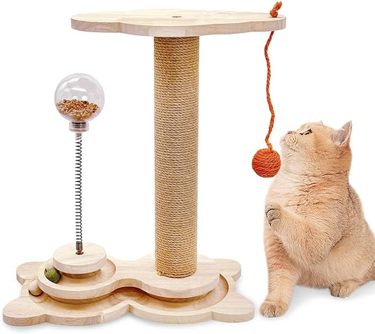 Fhiny Cat Scratching Posts, Interactive Cat Toys for Indoor Cats Sisal Rope Kitten Scratcher with Cat Treat Dispenser 2-Layer Wooden Cat Turntable & Interactive Balls Dangling Ball for Cats Kittens