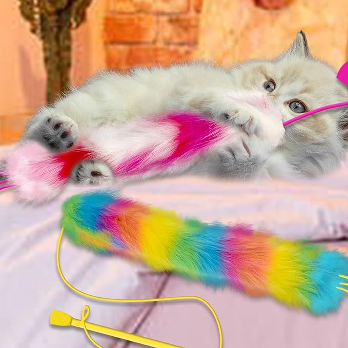 2 Pack Cat Wand Toy, Rainbow Cat Feather Toys with Bells, Cat Teaser Wand with Soft Furry Tail, Interactive Cat Toys for Indoor Cats & Kitten & Kitty