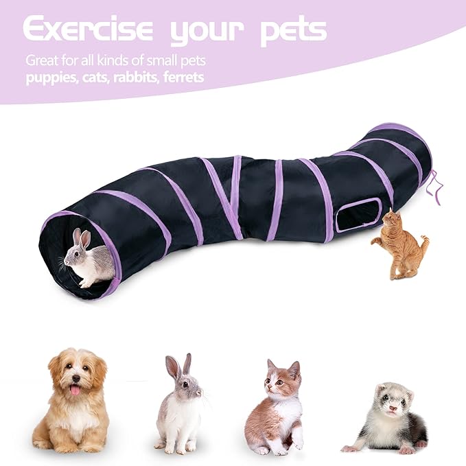 Sheldamy Cat Tunnel, S-2-Way Cat Tunnels for Indoor Cats, Collapsible Cat Play Tunnel, Interactive Toy Maze Cat House with 1 Play Ball for Cats, Puppy, Kitty, Kitten, Rabbit (Pink & Black)