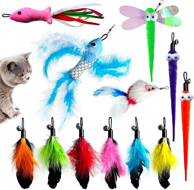 Cat Feather Toy Replacement Cat Wand Toy Refills Cat Teaser Toy Refills,Cat Interactive Cat Wand Toy Replacement Feather for Indoor Cats (A 12Pcs)