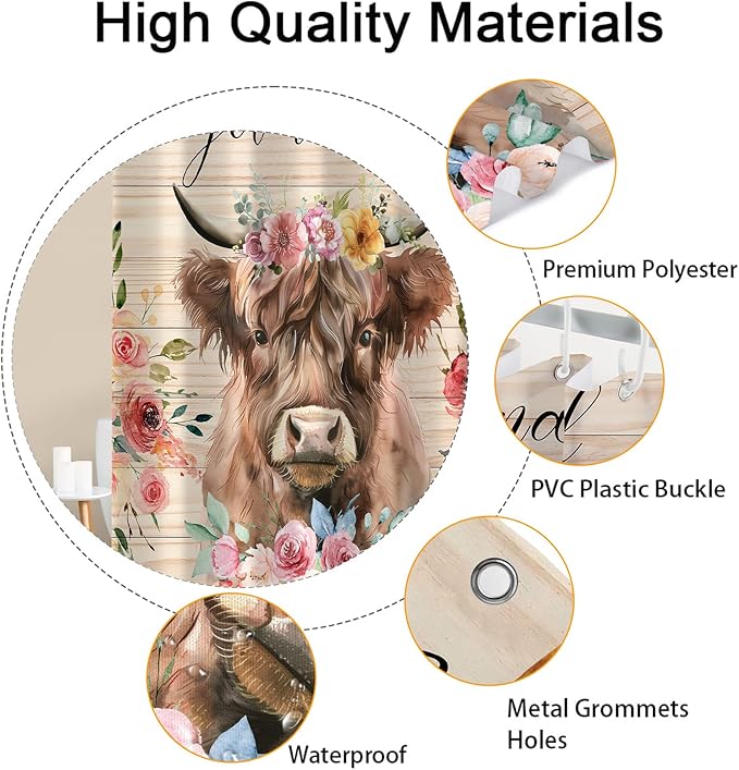 Highland Cow Shower Curtain, Get Naked Funny Animal Flower Bathroom Curtain, Floral Shower Curtain Set Polyester Waterproof Bath Curtian Accessory Set 12 Hooks 72x72 inch