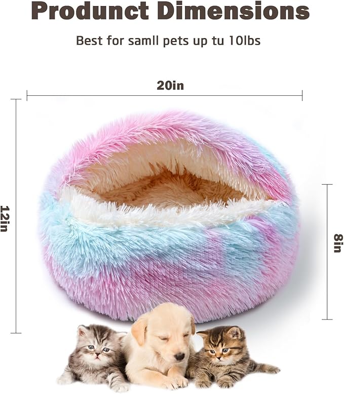 Cat Bed Calming Cat Beds,Indoor Washable Cat Bed，Anti-Slip Faux Fur Fluffy Cuddler Anxiety Cat Bed,Warming Cuddler Cushion Bed for Small Medium Dogs and Cats (Dazzling colors, 20*20inch)