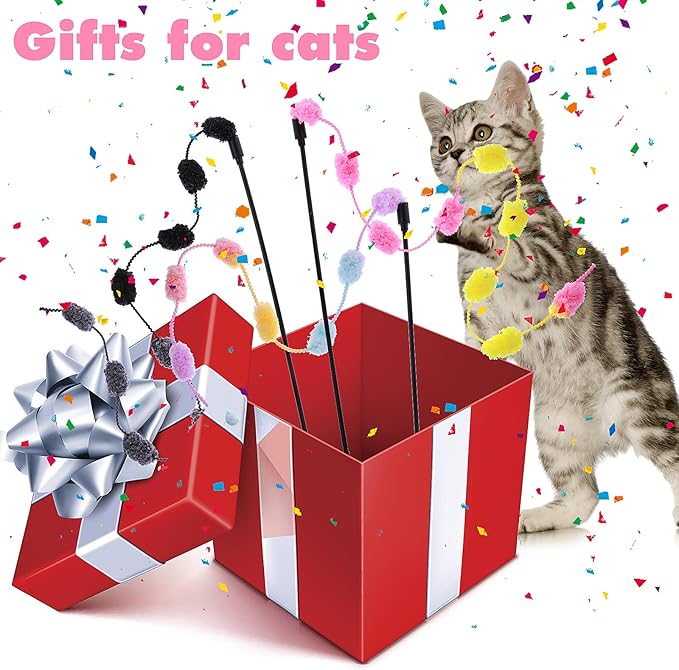 cobee Cat String Toys, 3 Pack Interactive Cat Teaser Wand String Toys Colorful Ribbon with Furry Plush Balls for Kittens Stick Cat Toys for Indoor, Cats to Play Chase Exercise