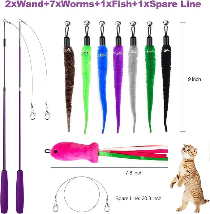 11PCS Cat Wand Toy, Cat Toys Interactive for Indoor Cats, 2 Retractable Cat Wand, 7 Worm Cat Teaser Toys and 1 Plush Fish Cat Toy, Cat Feather Toys for Play Chase Exercise with Kitten, Extra 1 Line