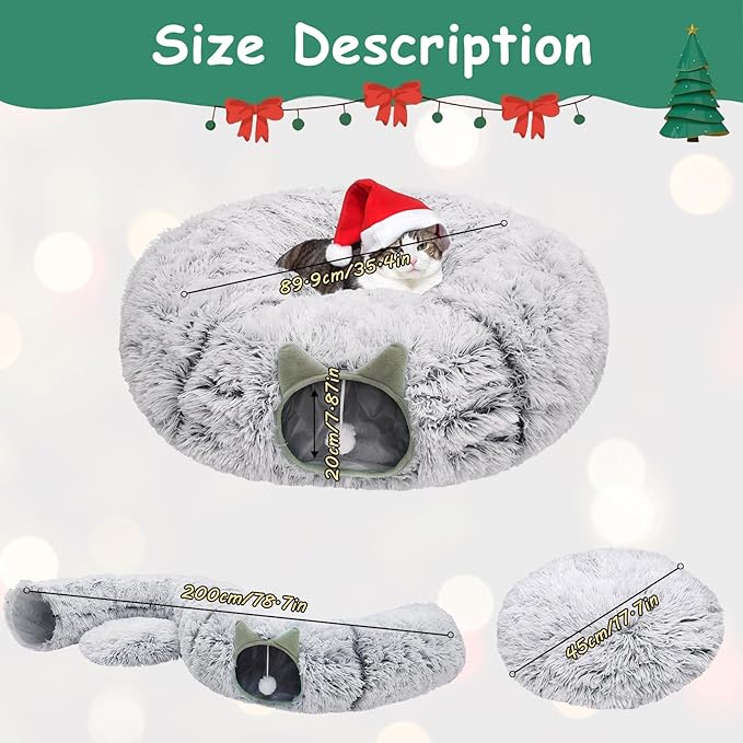 Cat Tunnel Bed for Indoor Cats, Soft Plush Donut Peekaboo Cat Cave, Multifunctional Playground Toy for Small Medium Large Cats, Kittens, Rabbits, Ferrets, with Washable Cushion(Grey)