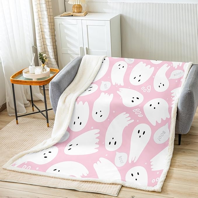 Pink Halloween Sherpa Blanket Queen 90"x90" Cartoon Pink Ghost Fleece Throw Blanket for Bed Sofa Couch Kids Kawaii Cute Plush Blanket Pink Fuzzy Blanket Bedroom Flannal Blanket