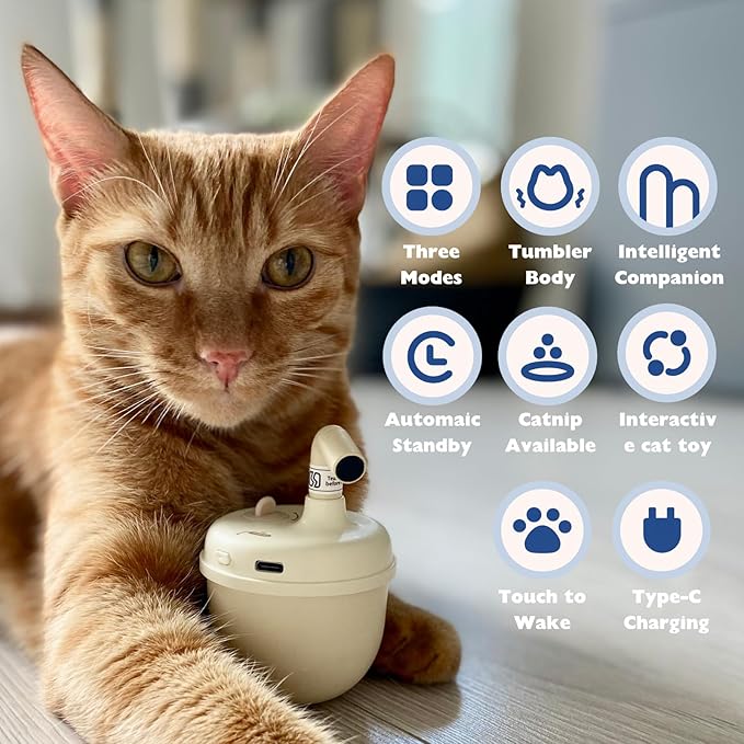 MayMaw Cat Laser Toy - Laser Cat Toys for Indoor Cats, Rechargeable Automatic Cat Laser Toy, Interactive Cat Toy with Tumbler Design, 360° Random Trajectory, 3 Modes, Catnip Included (Beige)
