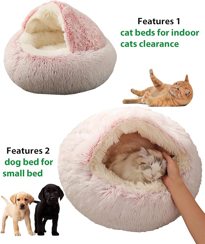 ShinHye Cat Bed Round Plush Fluffy Hooded Cat Bed Cave, Cozy for Indoor Cats or Small Dog beds, Soothing Pet Beds Doughnut Calm Anti-nxiety Dog Bed - Waterproof Bottom Washable, (23×23inch, Pink)