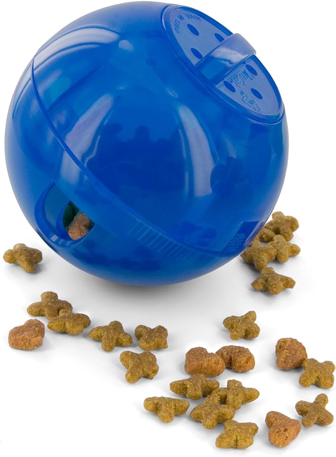 PetSafe Slimcat Slow Feeder Ball for Cats - Interactive Puzzle Game for Your Cat - Fill with Food and Treats - Great for Indoor Play for Kittens and Adult Cats, Portion Control and Fast Eaters (Blue)