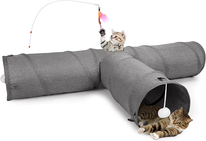 Ownpets Cat Tunnel, 3 Way Collapsible Kitty Tunnel 47 inch Long Cat Tube with Plush Ball & Feather Toy, Cat Play Tunnel for Indoor Cat, Kitten, Rabbit