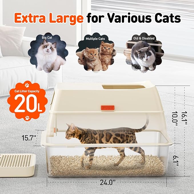 3 in 1 Premium Stainless Steel Cat Litter Box with Removable Lid, Enclosed XL Extra Large High-Sided Metal Box for Big Kitty with Scoop, Top Entry, Odor Control, Anti-Leakage, Non-Sticky & Easy Clean