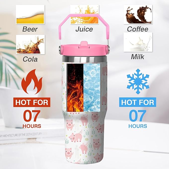 30 Oz Pig Tumbler with Handle and Straw, Pig Mug Insulated Pig Cups for Women, Double Wall Stainless Steel Pig Coffee Cup, 30 Oz Leak Proof Pig Coffee Mug for Women and Pig Gifts for Women