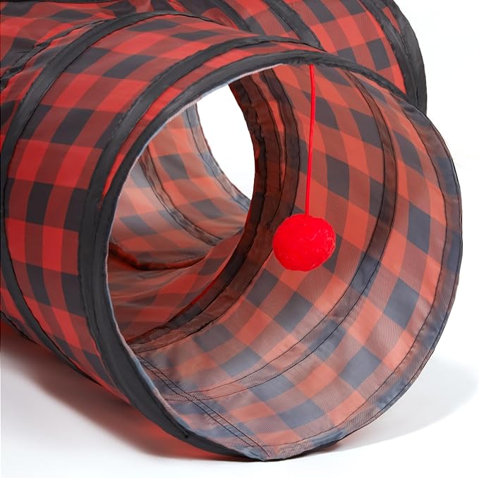 Tempcore Pet Cat Tunnel Tube Cat Toys 3 Way Collapsible, Cat Tunnels for Indoor Cats，Kitty Tunnel Bored Cat Pet Toys Peek Hole Toy Ball Cat, Puppy, Kitty, Kitten, Rabbit Red Lattice
