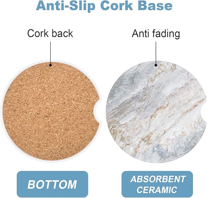 2 Pack Car Cup Holder Coaster, 2.63 inch Anti Slip Insert Absorbent Ceramic Car Coaster with Cork Base and Finger Notch, Cute Car Accessories Interior for Women, Cute Car Coasters., CH0025