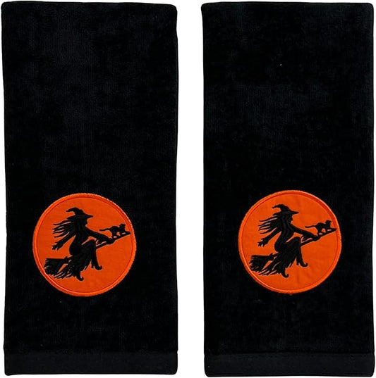 Serafina Home Halloween Bath Hand Towels, Embroidered Witch Flying by Full Moon, 2 pcs, Black 16" x 25" for Kids and Guest bathrooms
