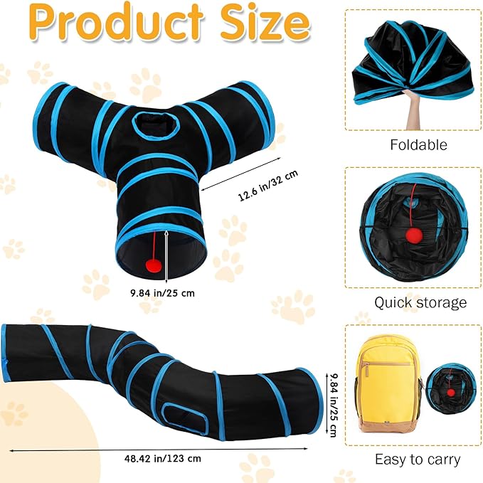 Poen 22pcs Cat Toys Kitten Toys Set with 2 Collapsible Cat Tunnel Toy and 20 Interactive Kitty Toys Cat Feather Toy, Fluffy Mouse, Crinkle Balls, for Cat Kitten Puppy (Blue, Black)